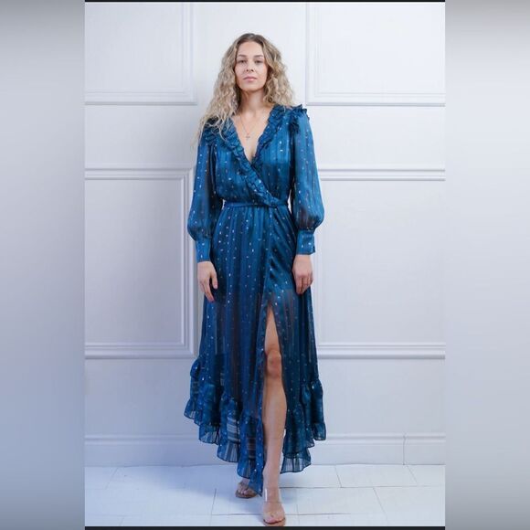 Revolve dress Misa Los Angeles Teal Blue Gown Gold Reflects & Ruffles XS NWT - Picture 8 of 8